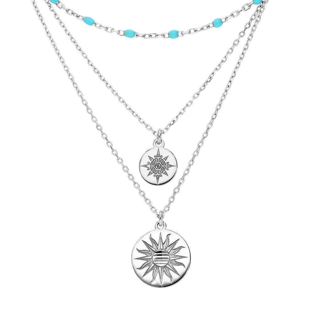 Collier en argent rhodi� triple rangs avec pendentif m�dailles et perles bleue 40+5cm - Vue 1