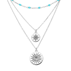Collier en argent rhodi triple rangs avec pendentif mdailles et perles bleue 40+5cm - Vue 1