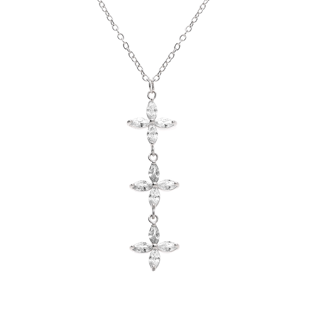 Collier en argent rhodi� trois fleurs oxydes blancs - 42+3cm - Vue 1