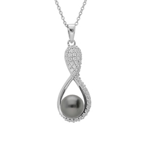 Collier en argent rhodichane avec  pendentif infini Perle de culture de Tahiti vritable 7mm et oxydes blancs sertis 42+3cm - Vue 1