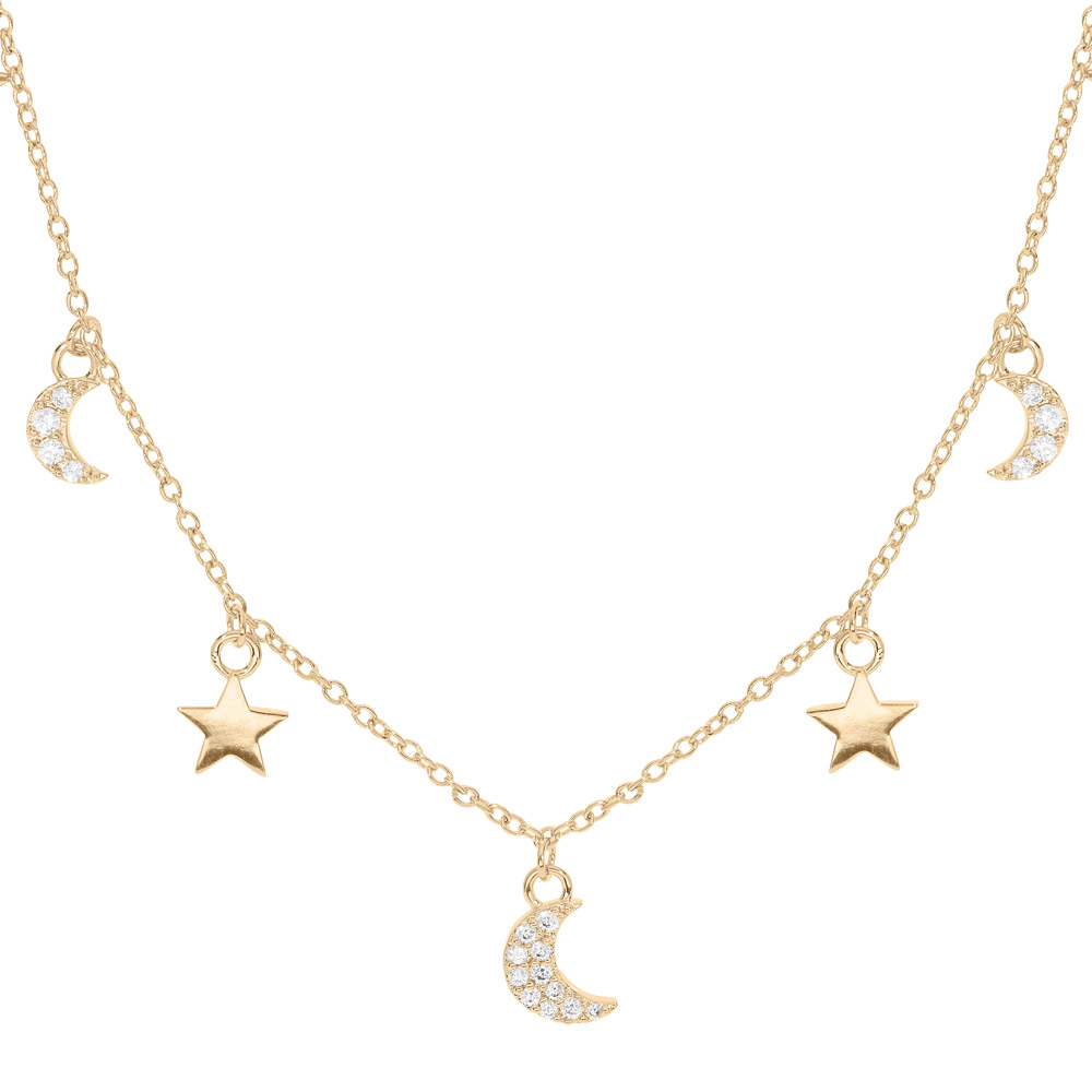Collier en plaqu� or avec pampilles lunes pav�es d\'oxydes blancs sertis et �toiles 40+4,5cm - Vue 1
