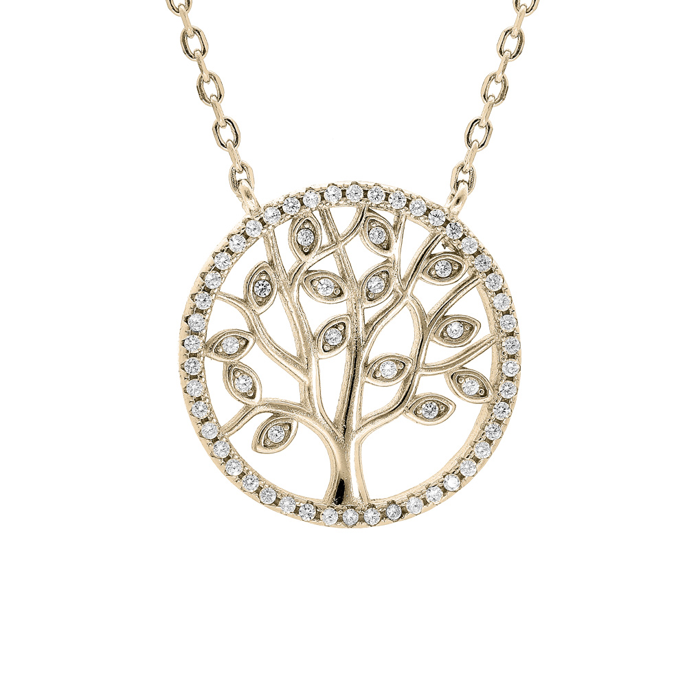 Collier en plaqu� or avec pendentif arbre de vie oxydes blancs sertis 40+3cm - Vue 1
