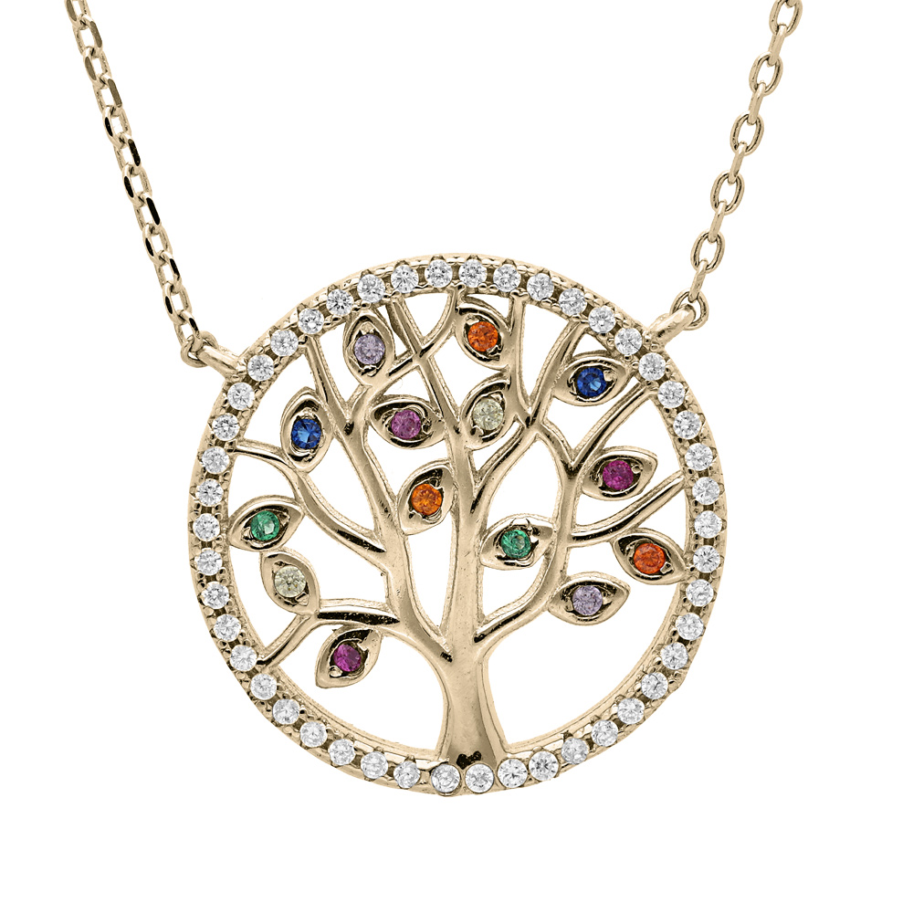 Collier en plaqu� or avec pendentif arbre de vie oxydes multi couleurs et contour oxydes blancs sertis 40+3cm - Vue 1