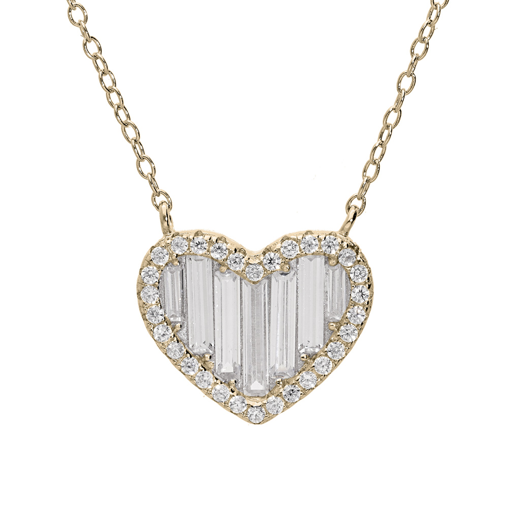 Collier en plaqu� or avec pendentif coeur oxydes blancs rectangulaires et contour oxydes blancs sertis 40+8cm - Vue 1