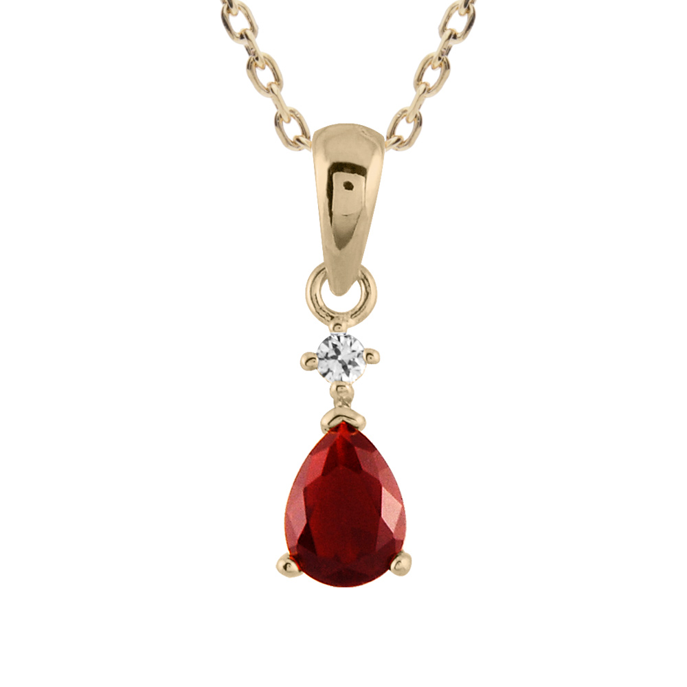 Collier en plaqu� or avec pendentif collection joaillerie goutte en oxyde rouge suspendue � 1 petit oxyde rond blanc - Vue 1