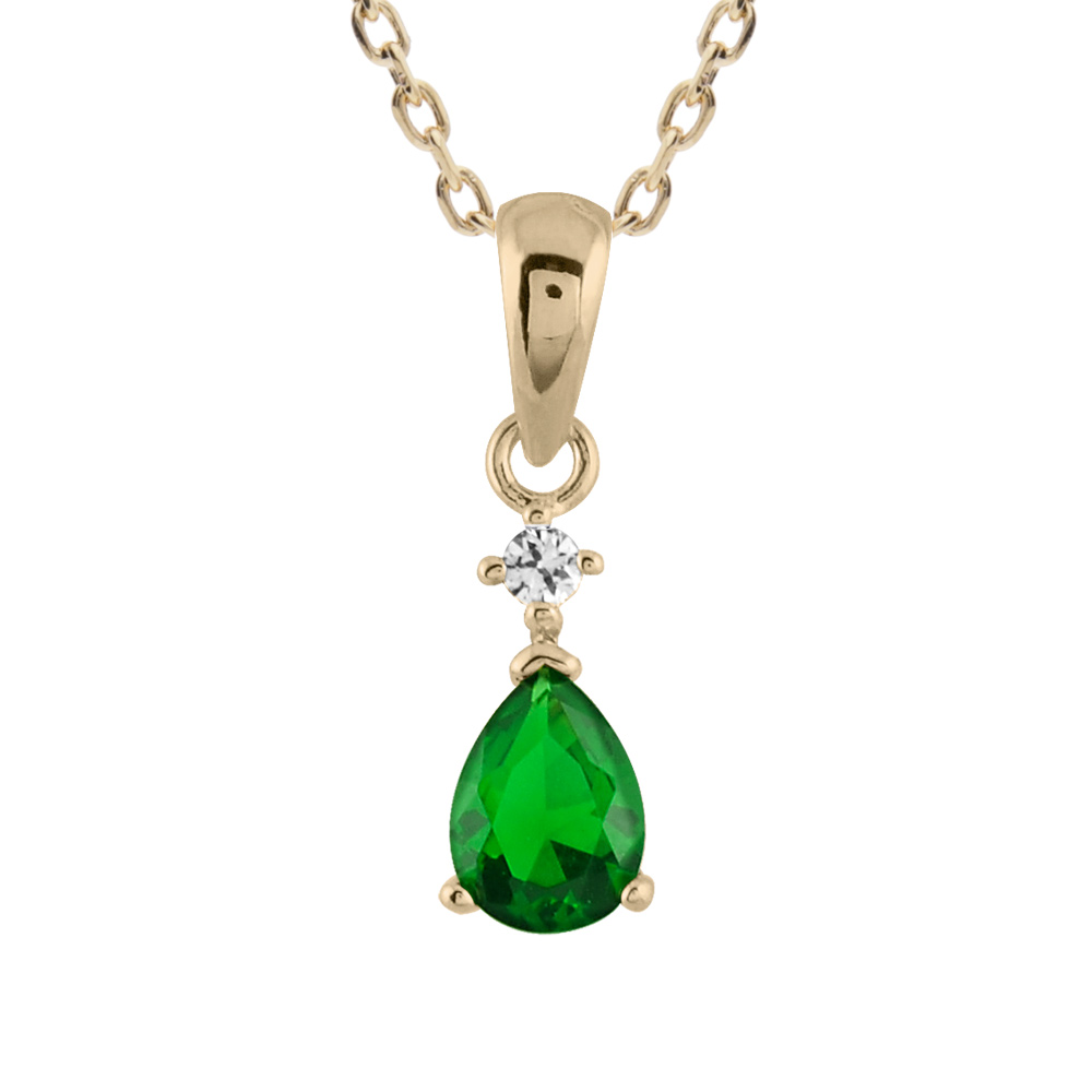 Collier en plaqu or avec pendentif collection joaillerie goutte en oxyde verte suspendue  1 petit oxyde rond blanc - Vue 1