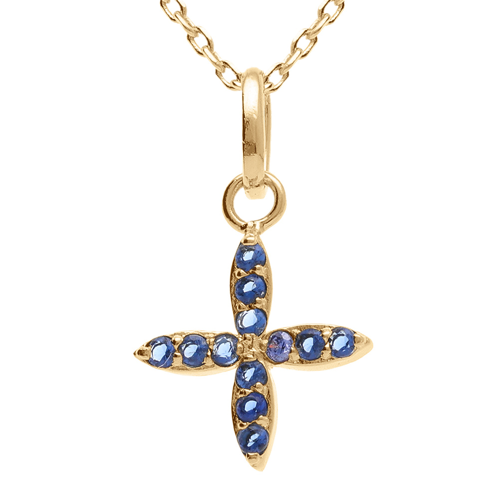 Collier en plaqu� or avec pendentif croix orn�e d\'oxydes bleus - 38+4cm - Vue 1