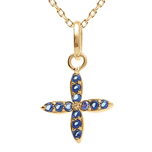 Collier en plaqu� or avec pendentif croix orn�e d'oxydes bleus - 38+4cm