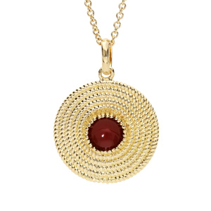 Collier en plaqu or avec Pendentif ethnique rond avec pierre rouge 40+4cm - Vue 1