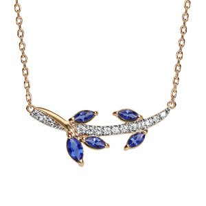 Collier en plaqu or avec pendentif feuillage bleu nuit et oxydes blancs sertis 42+3cm - Vue 1