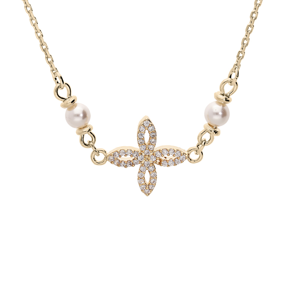 Collier en plaqu� or avec pendentif fleur en oxydes blancs sertis et perles blanches de synth�se 40+6cm - Vue 1