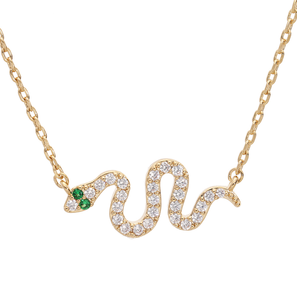 Collier en plaqu� or avec pendentif serpent oxydes blancs et verts sertis 40+5cm - Vue 1