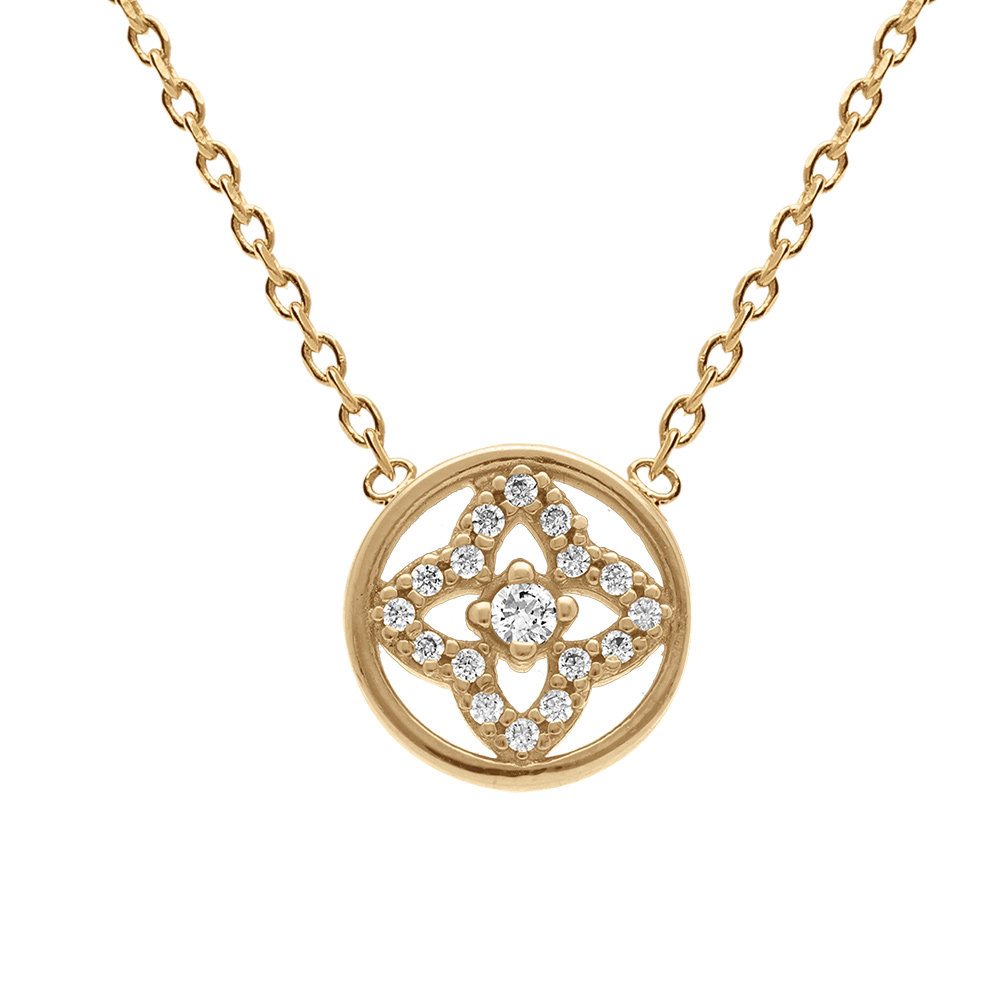 Collier en plaqu� or cercle avec fleur d\'oxydes blancs - 38+4cm - Vue 1