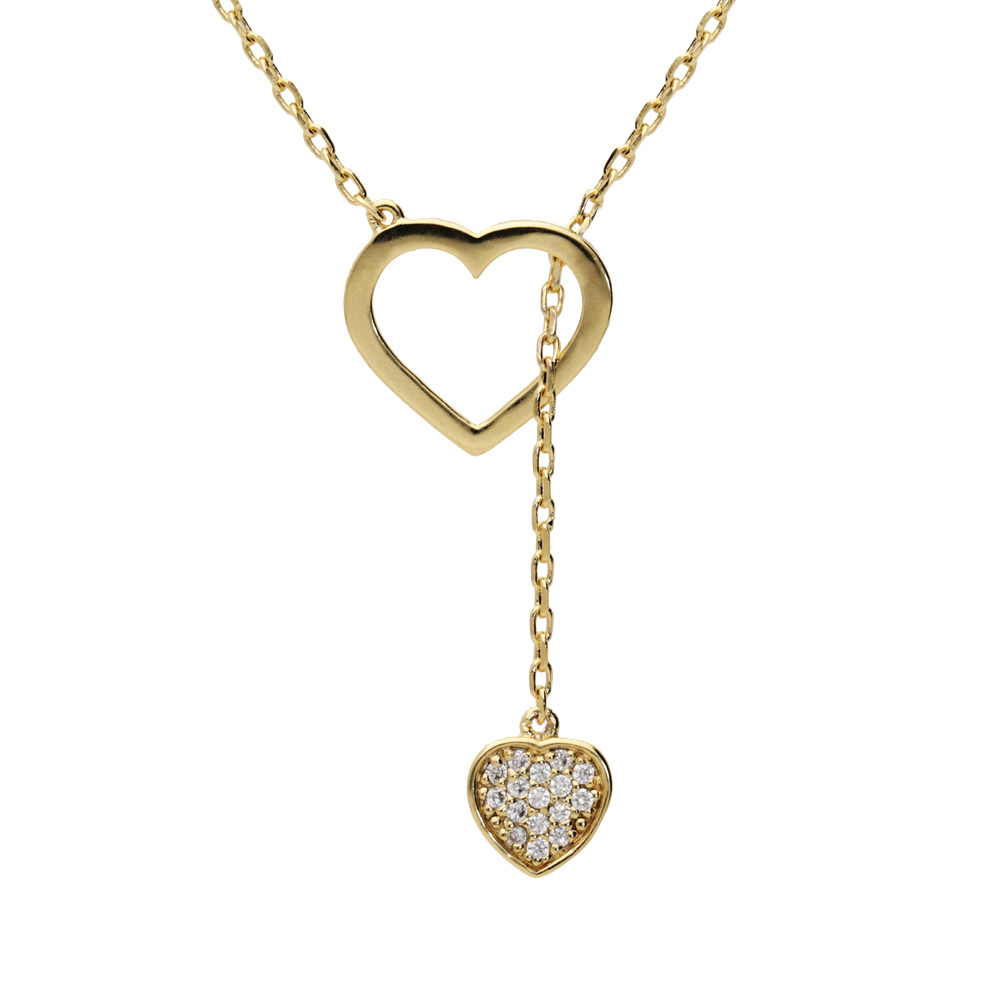 Collier en plaqu� or cha�ne avec coeur �vid� et 1 coeur oxydes blancs sertis 41+3cm - Vue 1