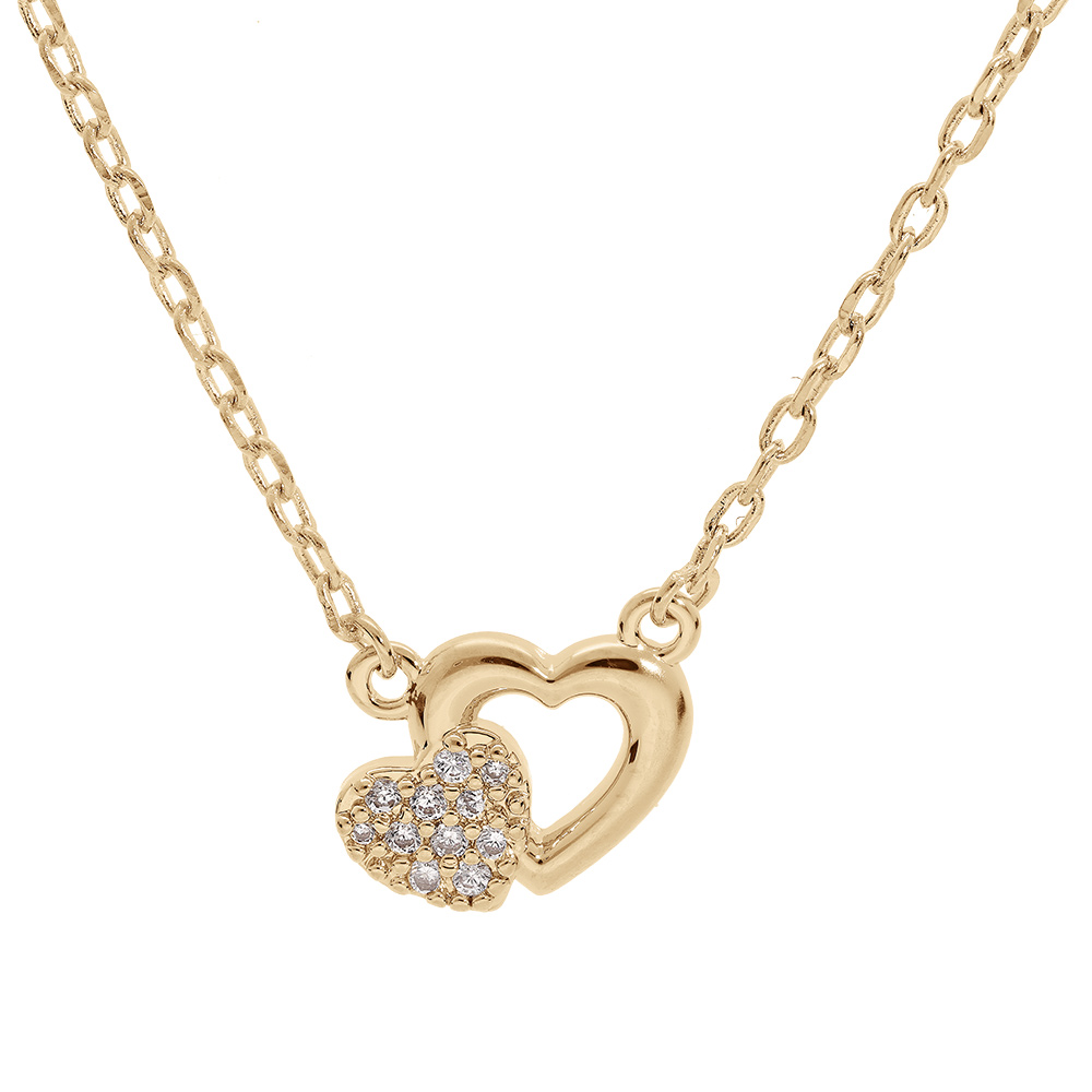 Collier en plaqu� or cha�ne avec double coeurs et oxydes blancs sertis 40+5cm - Vue 1