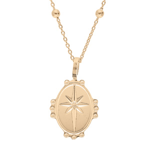 Collier en plaqu or chane avec mdaille ovale 14mm contour perle ert motif toile 38+5cm - Vue 1