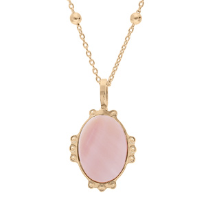 Collier en plaqu or chane avec mdaille ovale 14mm contour perle et coeur en pierre naturelle Nacre rose 38+5cm - Vue 1