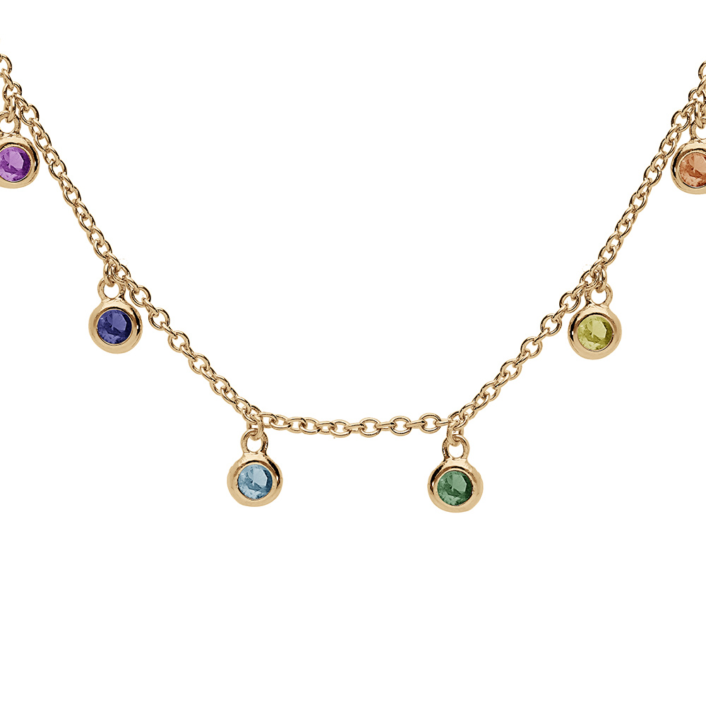 Collier en plaqu� or cha�ne avec pampilles oxydes rond sertis multi couleurs 36+6cm - Vue 1