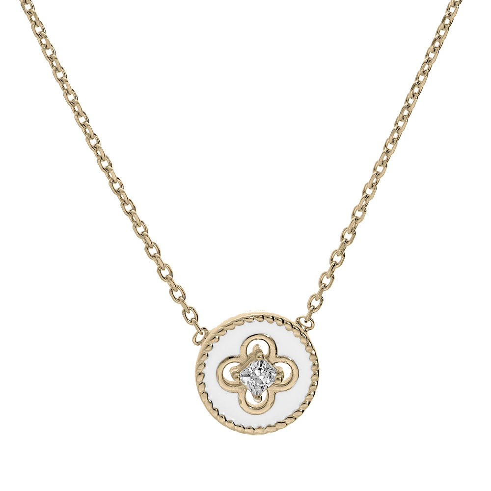 Collier en plaqu� or cha�ne avec pastille blanche motif croix et oxydes blancs sertis 38+4cm - Vue 1