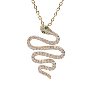 Collier en plaqu or chane avec pendenti serpent pav d\'oxydes blancs et yeux verts 40+5cm - Vue 1
