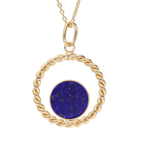 Collier en plaqué or chaîne avec pendentif anneau 20mm torsadé et Lapis Lazuli véritable 38+5cm - Vue 1