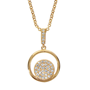 Collier en plaqu or chane avec pendentif anneau avec rond pav d\'oxydes blancs sertis  l\'intrieur et blire orne d\'oxydes blancs - longueur 40cm + 4cm de rallonge - Vue 1