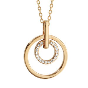 Collier en plaqu or chane avec pendentif 1 anneau lisse et 1 anneau orn d\'oxydes blancs  l\'intrieur - longueur 45cm - Vue 1