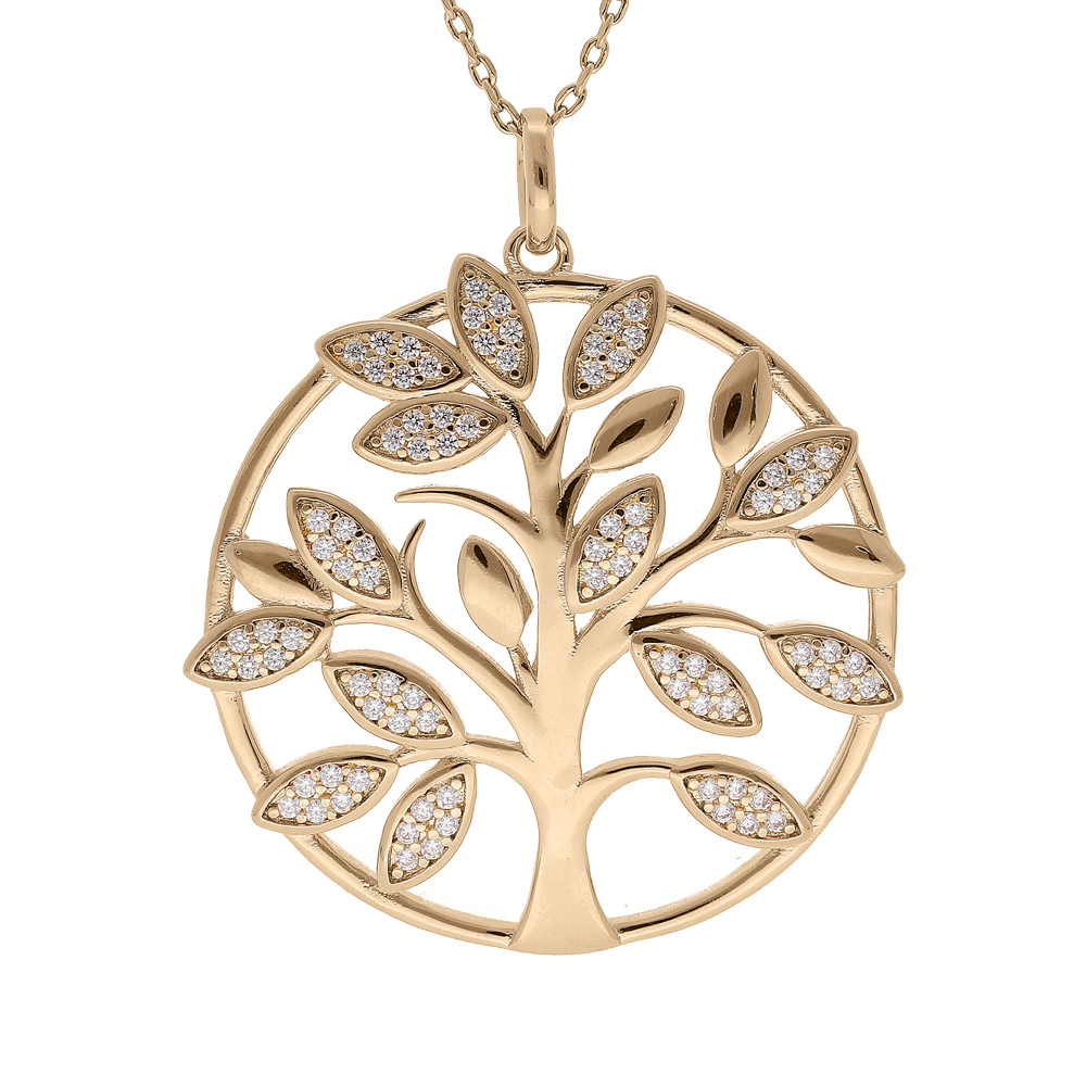 Collier en plaqu� or cha�ne avec pendentif arbre de vie 30mm en relief et contour oxydes blancs sertis 42+3cm - Vue 1