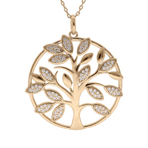 Collier en plaqu or chane avec pendentif arbre de vie 30mm en relief et contour oxydes blancs sertis 42+3cm - Vue 1