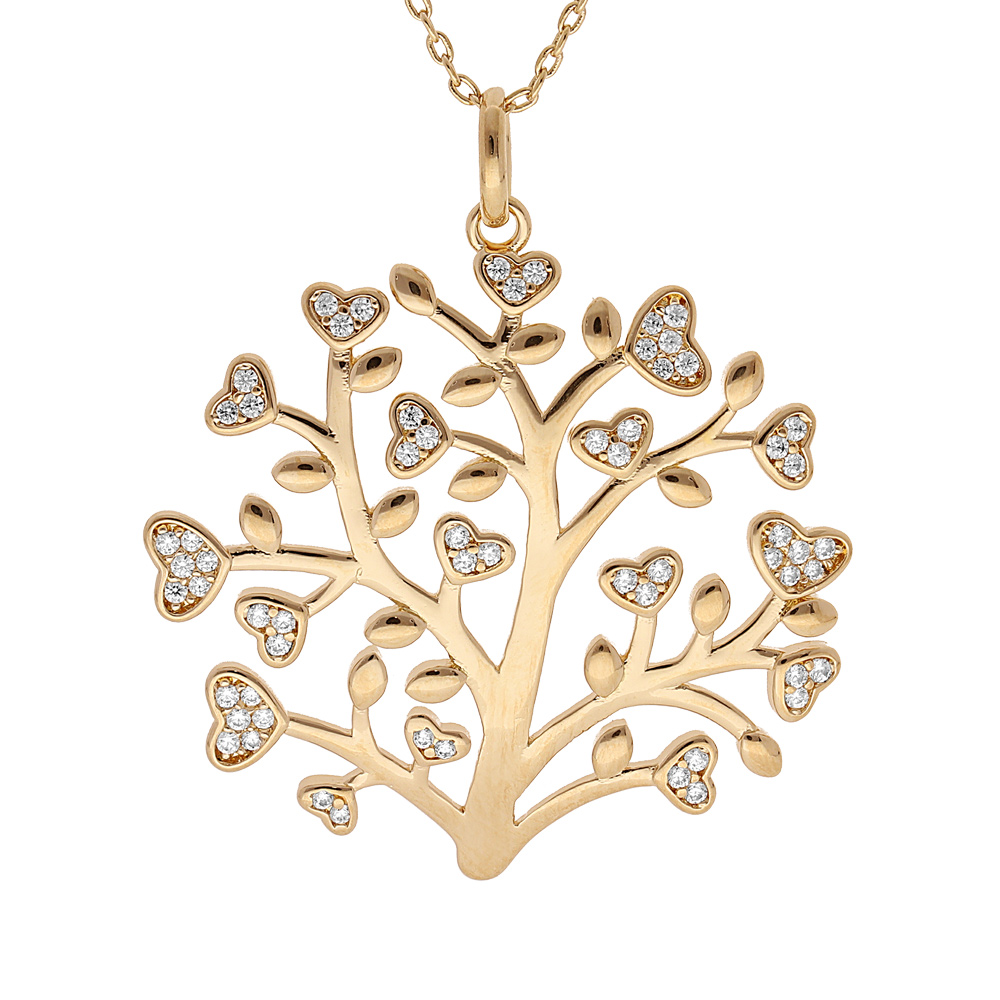 Collier en plaqu� or cha�ne avec pendentif arbre de vie 30mm et coeurs d\'oxydes blancs sertis 42+3cm - Vue 1