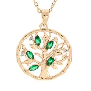 Collier en plaqu or chane avec pendentif arbre de vie dans anneau et oxydes verts 40+4cm - Vue 1