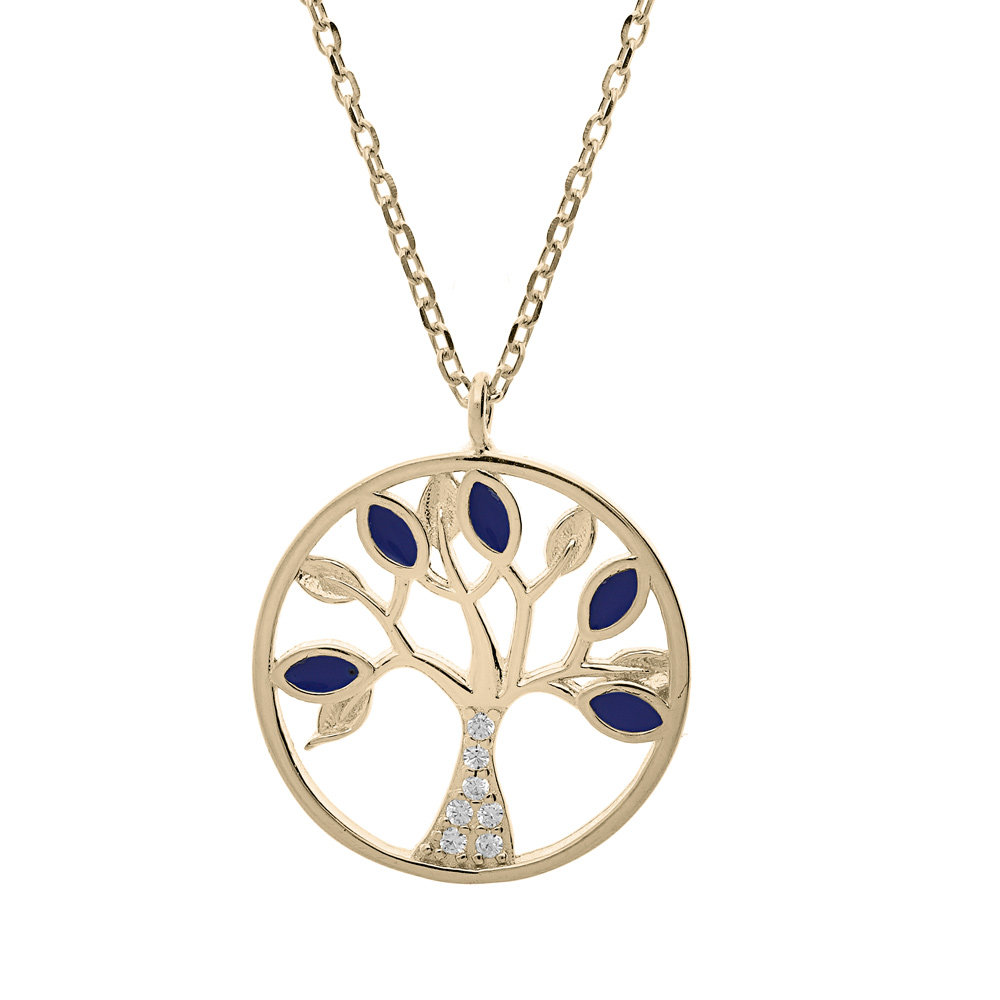 Collier en plaqu� or cha�ne avec pendentif arbre de vie et oxydes bleus et blancs sertis 40+3cm - Vue 1