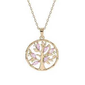 Collier en plaqu or chane avec pendentif arbre de vie et oxydes roses 40+4cm - Vue 1