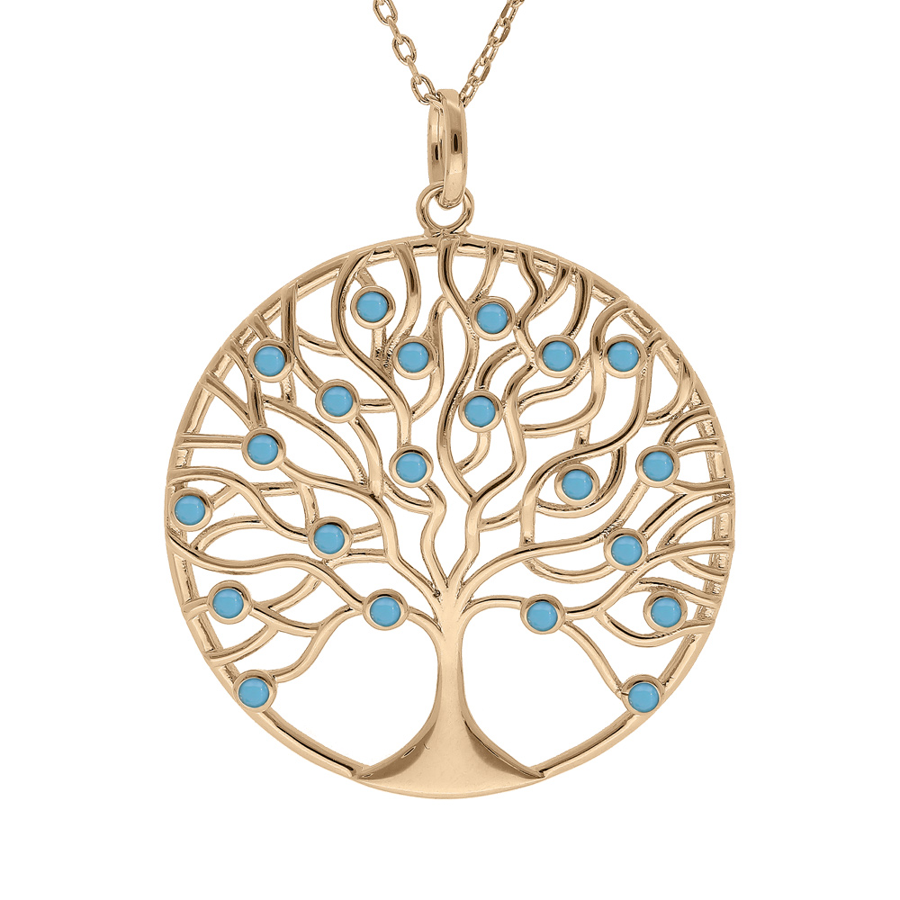 Collier en plaqu� or cha�ne avec pendentif arbre de vie sinueux 30mm et oxydes sertis couleur turquoise 42+3cm - Vue 1