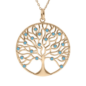 Collier en plaqu or chane avec pendentif arbre de vie sinueux 30mm et oxydes sertis couleur turquoise 42+3cm - Vue 1