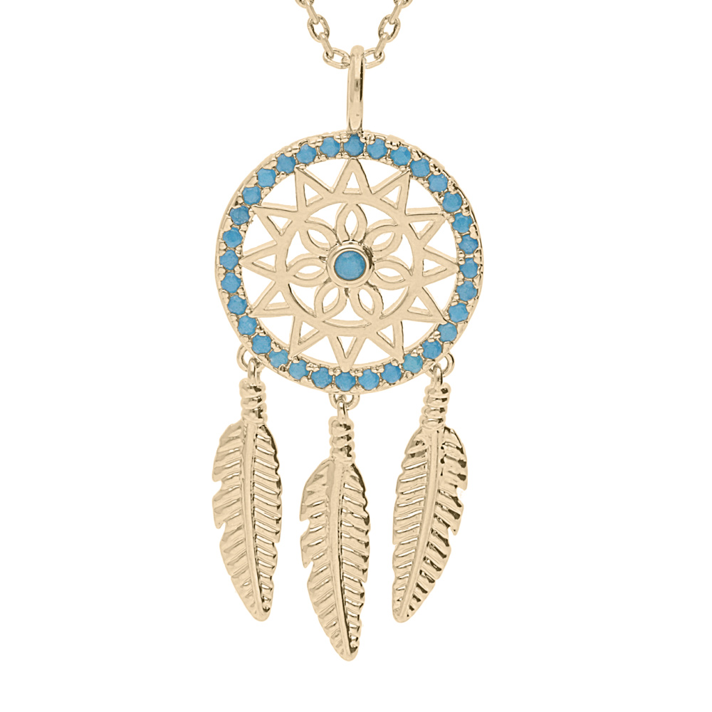 Collier en plaqu� or cha�ne avec pendentif attrape r�ves et oxydes bleus 50+5cm - Vue 1