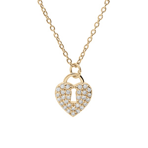 Collier en plaqu or chane avec pendentif cadenas coeur pav oxydes blancs 42+3cm - Vue 1