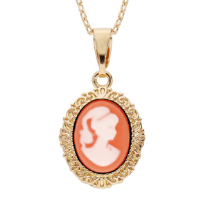 Collier en plaqué or chaîne avec pendentif Camée rose contour médaillon ouvragé 40+5cm - Vue 1