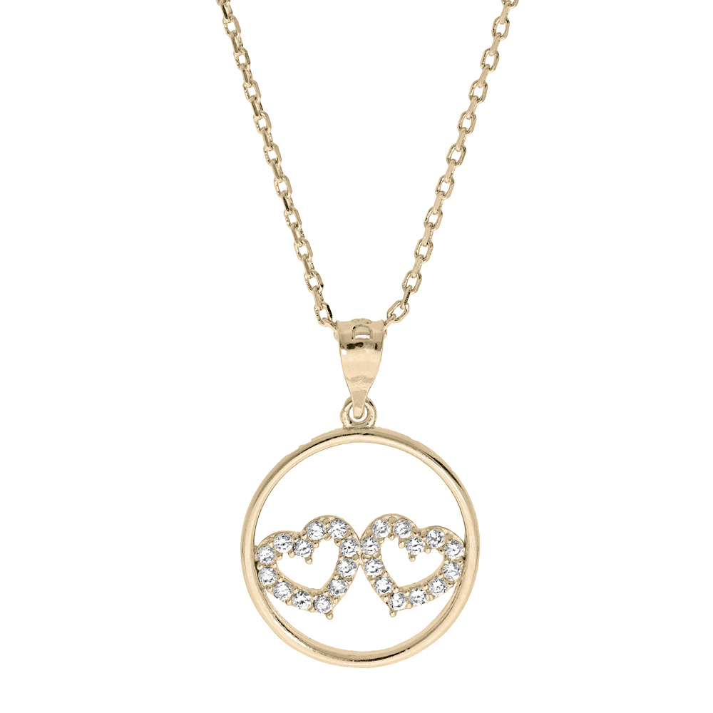 Collier en plaqu� or cha�ne avec pendentif cercle 2 coeurs oxydes blancs sertis 40+5cm - Vue 1