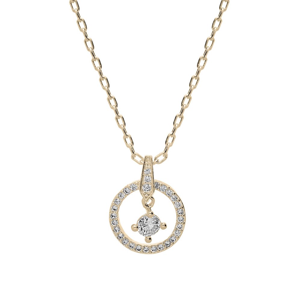 Collier en plaqu� or cha�ne avec pendentif cercle oxydes blancs sertis 40+4,5cm - Vue 1