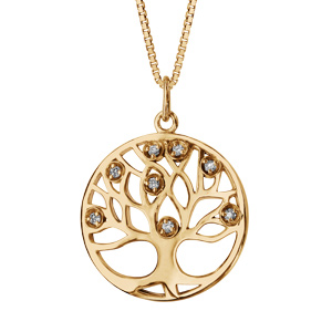 Collier en plaqu or chane avec pendentif cercle suspendu avec arbre de vie dcoup et orn d\'oxydes blancs  l\'intrieur - longueur 42cm + 3cm de rallonge - Vue 1