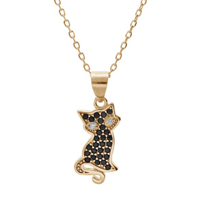 Collier en plaqu or chane avec pendentif chat oxydes noirs sertis 43cm rglable 41 et 39cm - Vue 1