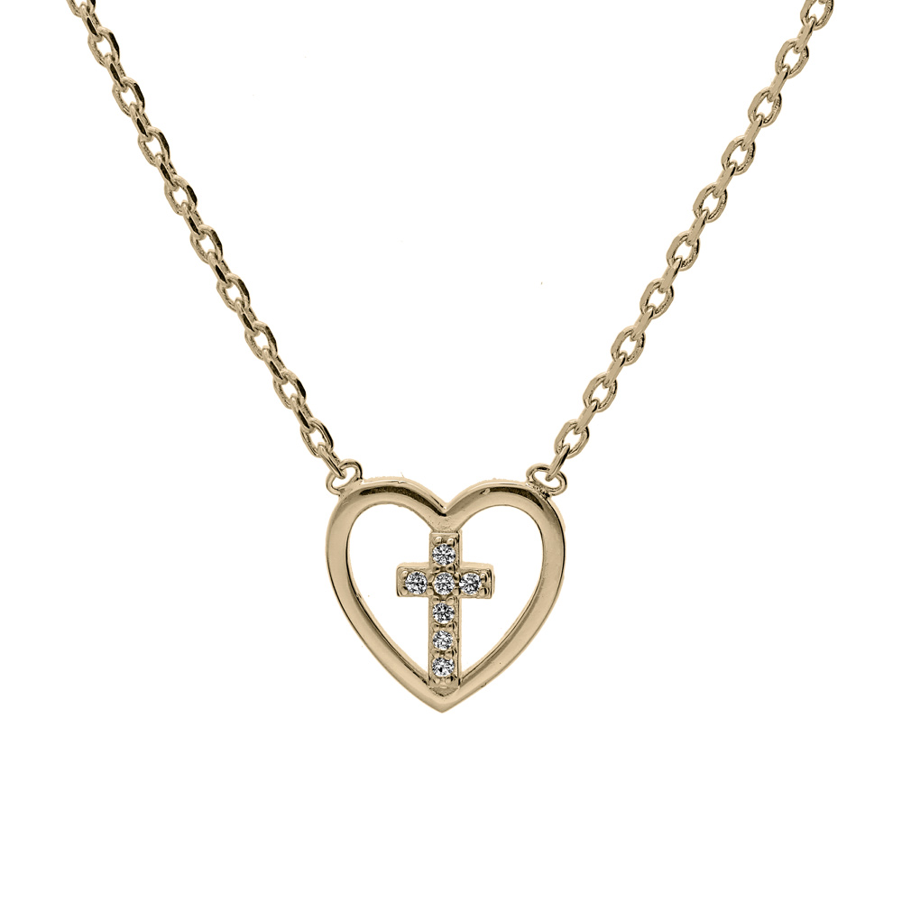Collier en plaqu or chane avec pendentif coeur avec croix oxydes blancs sertis 38+4cm - Vue 1