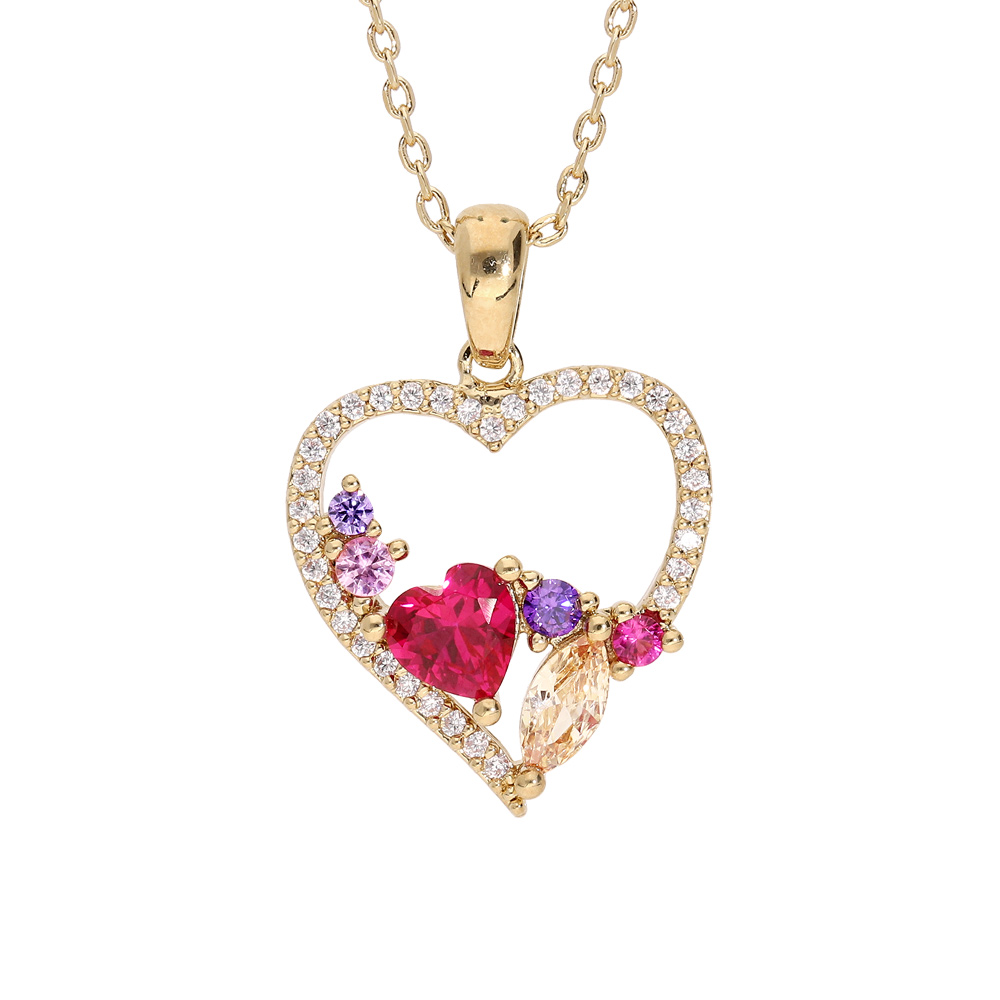 Collier en plaqu� or cha�ne avec pendentif coeur empierr� multi couleur 40+5cm - Vue 1