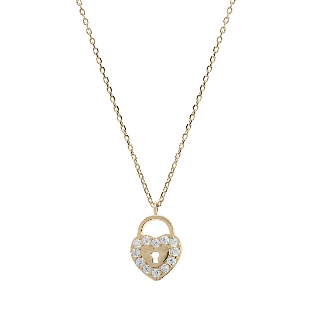 Collier en plaqu� or cha�ne avec pendentif coeur et cadenas oxydes blancs sertis 40+3cm - Vue 1