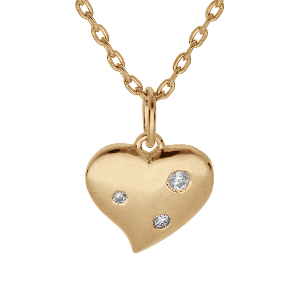 Collier en plaqu� or cha�ne avec pendentif coeur et 3 oxydes blancs sertis 42+3cm - Vue 1
