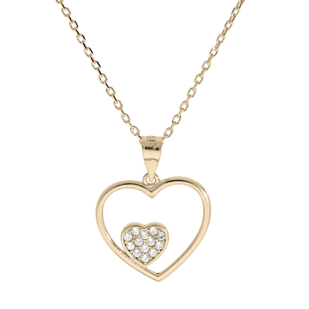 Collier en plaqu� or cha�ne avec pendentif coeur �vid� petit coeur oxydes blancs sertis 40+5cm - Vue 1