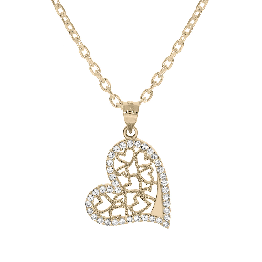 Collier en plaqu� or cha�ne avec pendentif coeur filigrane contour oxydes blancs sertis 40+5cm - Vue 1
