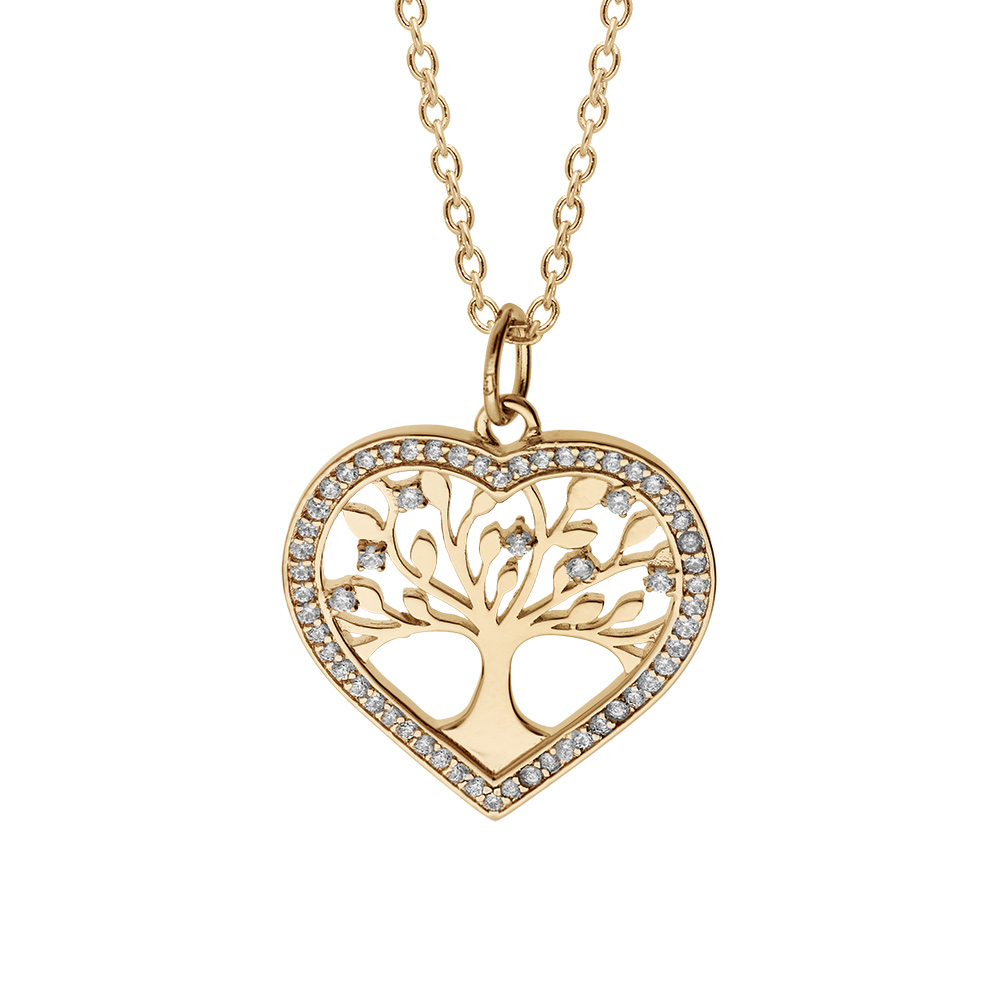 Collier en plaqu� or cha�ne avec pendentif coeur motif arbre de vie contour oxydes blancs sertis 42+3cm - Vue 1