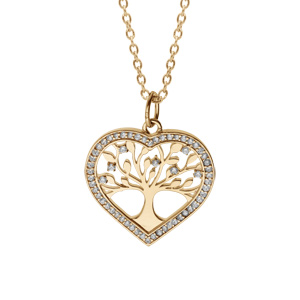 Collier en plaqu or chane avec pendentif coeur motif arbre de vie contour oxydes blancs sertis 42+3cm - Vue 1